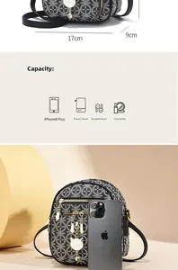Detail view of mini printed crossbody bag with multi-layer storage and dimensions