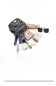 Detailed view of patterned crossbody bag with multiple zippers and daily essentials