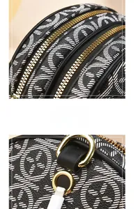 Detail of vintage print crossbody bag featuring smooth gold zippers and earphone cable hole
