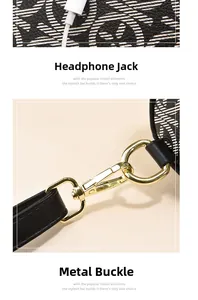 Detail of specialized earphone jack and durable golden hardware clasp on crossbody bag