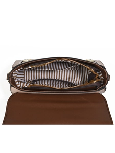 Sac bandoulière bicolore chic avec doublure rayée et détails en métal doré