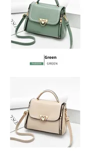 Détail de sacs bandoulière avec fermoir chaîne dorée et finitions tressées vert et beige