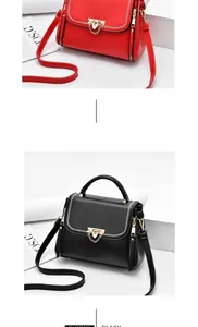 Détails de sacs en cuir litchi rouge et noir avec fermoir doré et bordures tressées