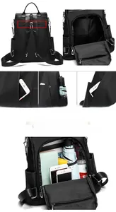 Detail view of black oxford backpack with anti-theft rear zipper and multi-pocket storage