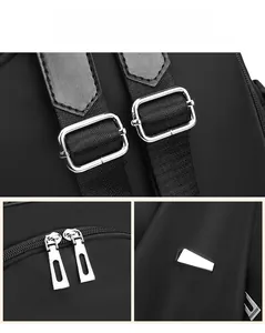 Detailed view of durable black oxford fabric and premium silver metal hardware of the backpack