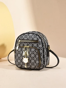 Vintage Monogram Printed PU Leather Mini Backpack For Women Multi-Layer Zipper Crossbody Bag With Cat Pendant Fashion Bag