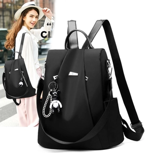 Women's black oxford backpack with anti-theft design and cute bear pendant accessory
