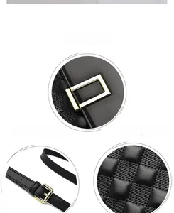 Detail of black quilted leather bag showing golden metal buckle and adjustable strap