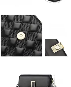 Detail view of quilted black leather crossbody bag featuring gold hardware and 14cm size marker