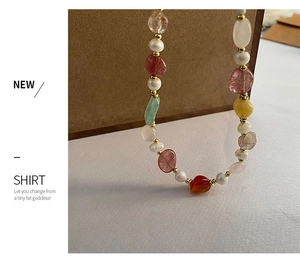 Macro detail of natural candy-colored stones and freshwater pearls beaded necklace set