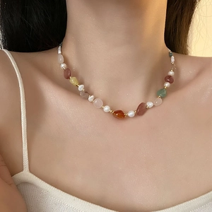 Colorful Natural Stone Freshwater Pearl Clavicle Necklace Agate Titanium Steel Bohemian Retro Jewelry For Women