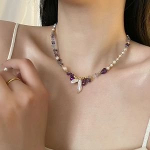 Amethyst Natural Stone Beaded Necklace With Freshwater Artificial Baroque Pearl Pendant Titanium Steel Retro Elegant Jewelry For Women