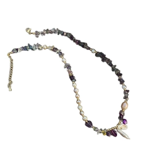 Natural amethyst, fluorite stones and freshwater baroque pearl necklace with gold clasp