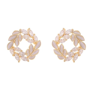 Elegant gold wheat wreath earrings featuring grey cat-eye stones and clear crystals