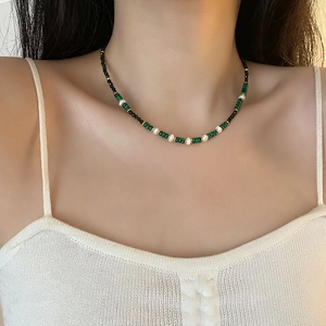 Vintage Beaded Necklace For Women Titanium Steel Natural Artificial Pearl Malachite Green Aventurine Adjustable Choker Retro Jewelry