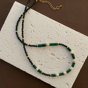 Malachite and pearl beaded necklace with gold spacers and adjustable lobster clasp