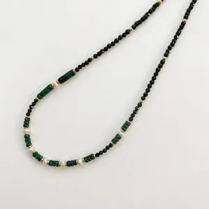 Malachite and pearl beaded necklace with gold spacers in a retro Chinese design style