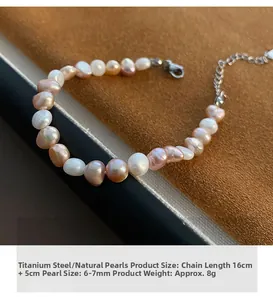 Détails du bracelet en perles de culture avec fermoir en acier titane et mesures