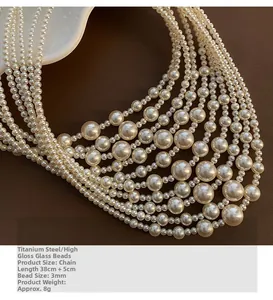 Detail of 3mm high-gloss pearl necklace with adjustable titanium steel chain