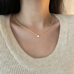 French Vintage Style Clavicle Chain Necklace Titanium Steel Gold Plated White Shell Round Pendant Zircon Accents For Women