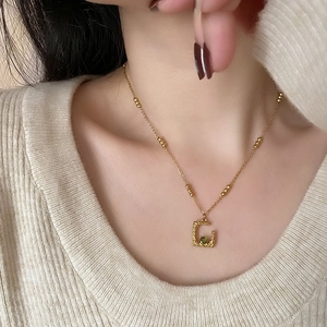Women Titanium Steel Necklace Irregular Geometric Pendant Gold Plated Bead Chain Zircon Inlaid French Vintage Style Jewelry