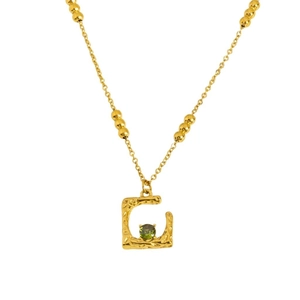 Gold stainless steel necklace with irregular hammer texture square pendant and green gemstone