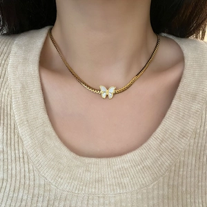 Butterfly Necklace And Bracelet Titanium Steel Gold Plated White Mother Of Artificial Pearl Elegant Minimalist Jewelry Women