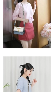 Detail of color-block crossbody bag with gold lock and LOVE letter print wide strap