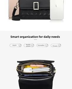 Detailed view of quilted crossbody bag interior compartments for phone and cosmetics