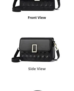Close-up detail of black quilted crossbody bag with golden metal buckle and smooth leather