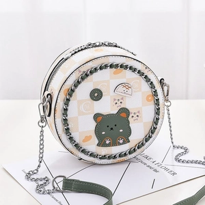 Süße Damen Umhängetasche Rund Schachbrett Mini PU-Leder Schultertasche Mit Cartoon Bär Und Metallketten Verzierung