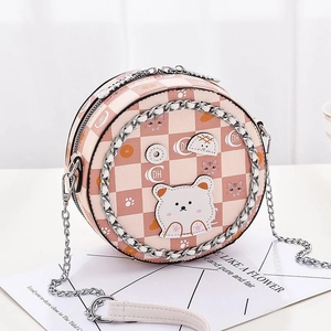 Mini runde Umhängetasche in Rosa und Orange kariert mit süßen Zeichentrick Illustrationen