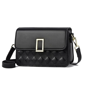 Classic black quilted crossbody bag with golden metal buckle and adjustable strap