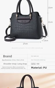 Detail view of crocodile pattern black PU handbag with 27x13x21cm size measurements