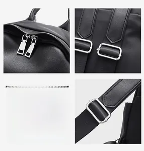 Detail of premium silver hardware including dual zippers and adjustable buckles on black bag