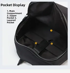 Interior detail of casual black backpack showing padded laptop sleeve and zipper pocket