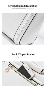 Detail of woven texture and back zipper pocket on white leather handbag for women