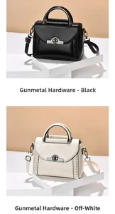 Dual view of black and beige handbags featuring gunmetal rotating locks and woven details