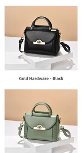 Detail view of stylish crossbody handbags in black and green with gold hardware
