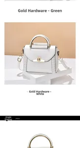 Detailed side view of white PU leather handbag featuring woven stitching and gold hardware