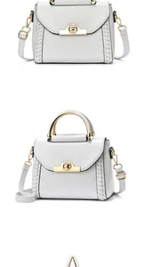 Front and side view of a white trapezoid handbag with gold metal handle and twist lock