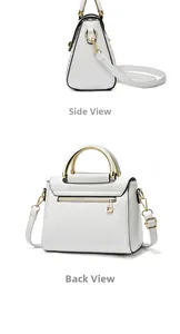 Detail view of white leather shoulder bag featuring gold handle and back zipper pocket