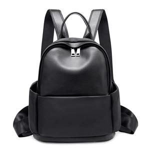 Minimalist black leather backpack with large capacity and dual metal zippers for women