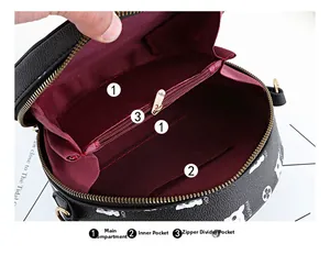 Detailed view of round crossbody bag interior with main compartment and zipper pocket