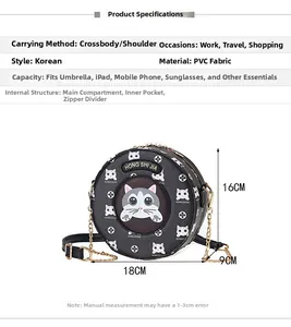 Detailed size chart and internal capacity of the circular cat pattern crossbody bag