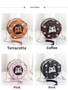 Detailed four-color display of round cat crossbody bags in lychee pattern faux leather