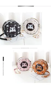 Detailed grid view of four round crossbody bags in black, beige, pink and tan colors