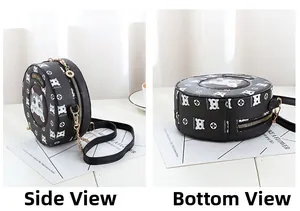 Detail view of round cat crossbody bag featuring side profile and flat base texture