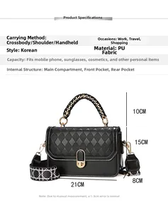 Detailed dimensions of the black quilted crossbody bag with internal pocket structure
