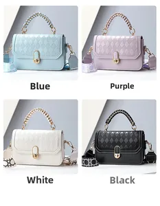 Four colors of quilted crossbody bags in blue, purple, white, and black with woven handles
